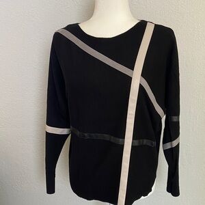 Chic Black Relaxed Style Sweater with "leather" Stripes in black, gray, & white.